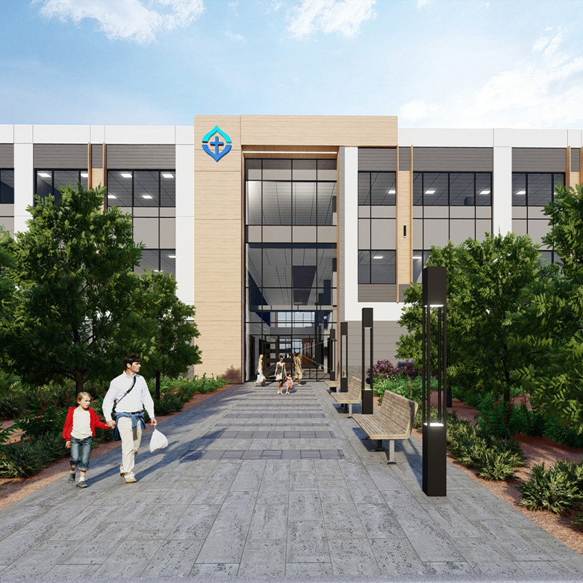 Exterior 3D rendering of the Covenant Wellness building with people in front.