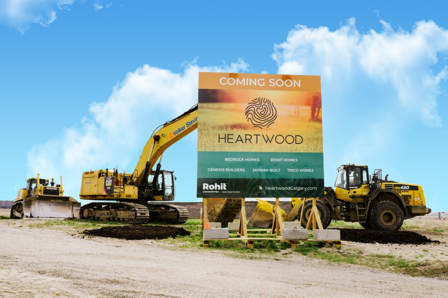 Heartwood sign with excavators and loaders behind.