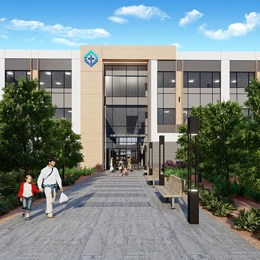 3D rendering of proposed Covenant Wellness Centre entrance.