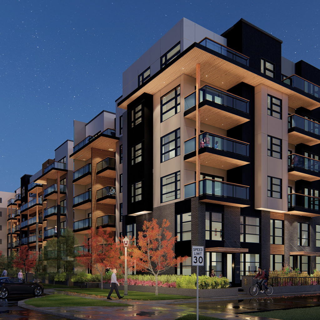 3D rendering of The Muse Off Whyte apartment building at night.