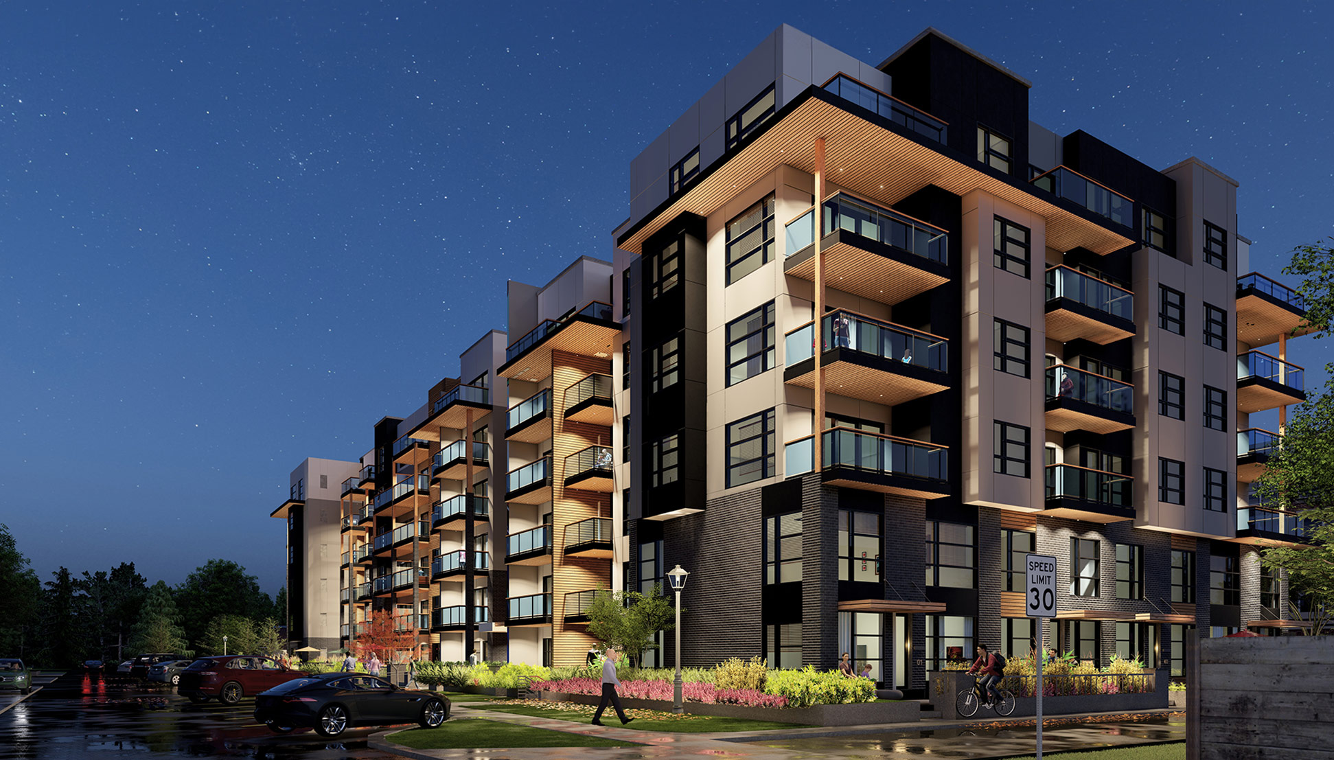 3D rendering of The Muse Off Whyte apartment building at night.