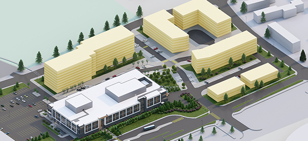 3D rendering topology of proposed buildings on street map.